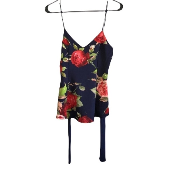 Chocolate Rose Floral Navy Flowy Tie Blouse Top S - Picture 3 of 8